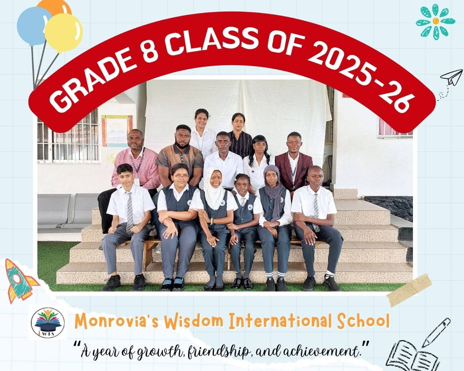 Grade 8 class photo, 2025–26 academic year — students with their teachers