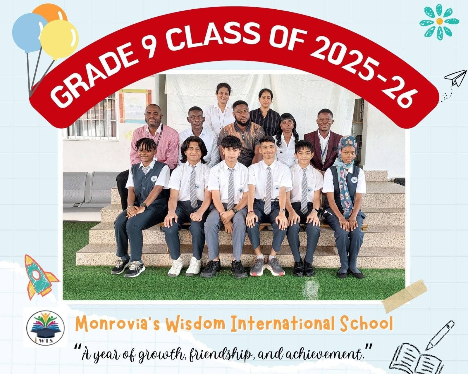 Grade 9 class photo, 2025–26 academic year — students with their teachers