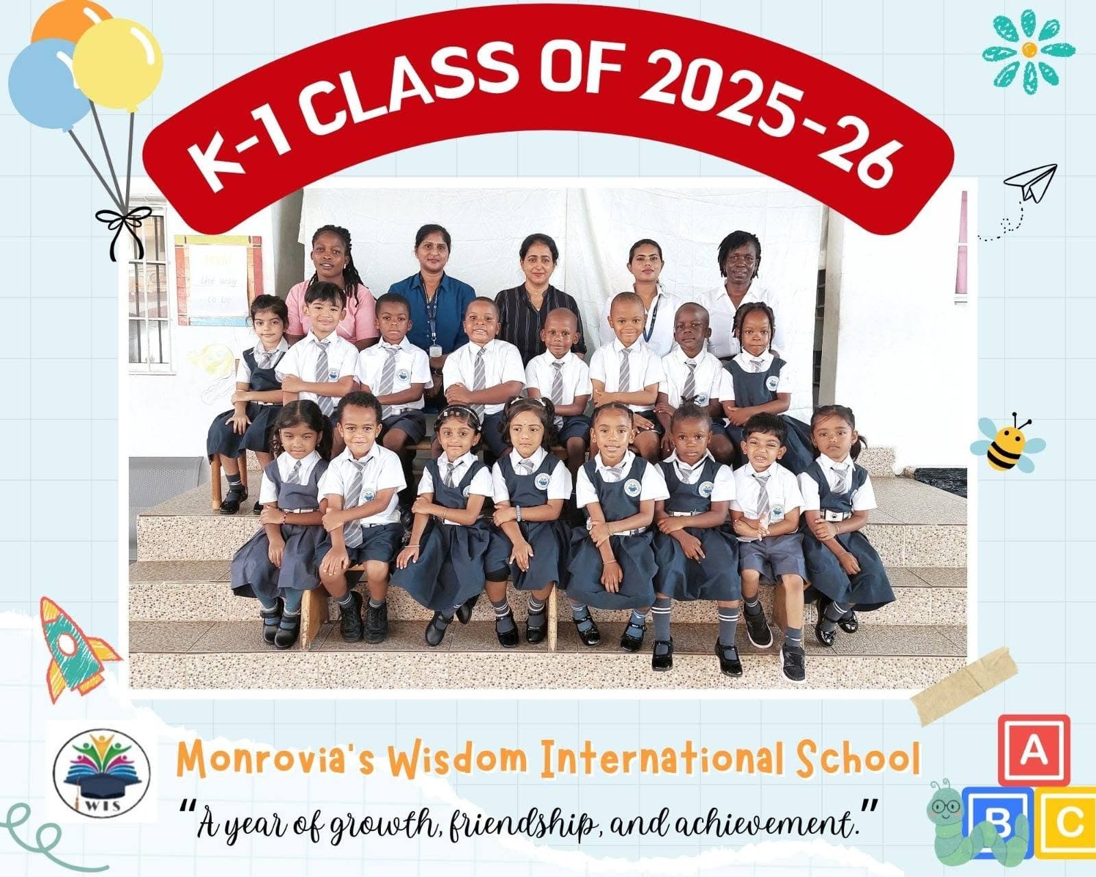 K-1 class photo, 2025–26 academic year — students with their teachers