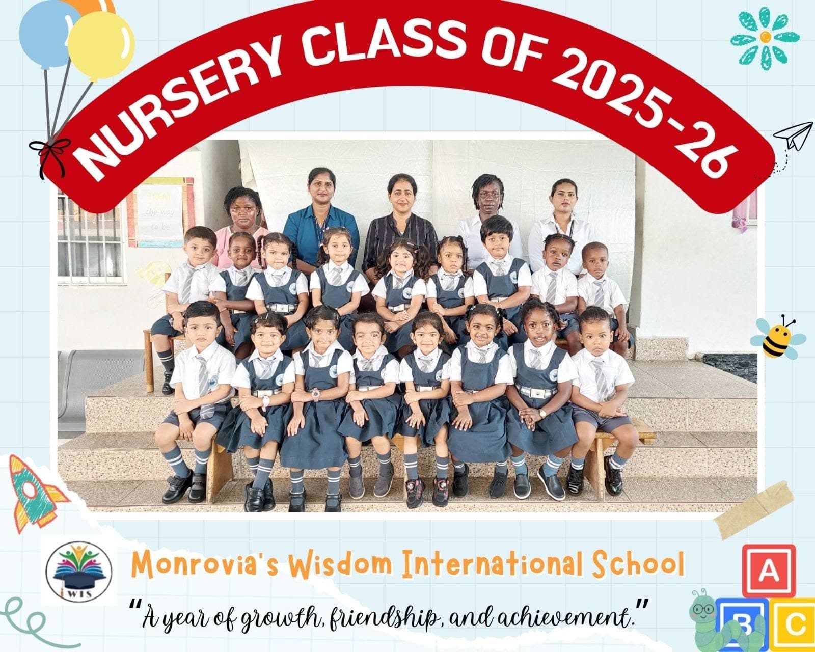 Nursery class photo, 2025–26 academic year — students with their teachers